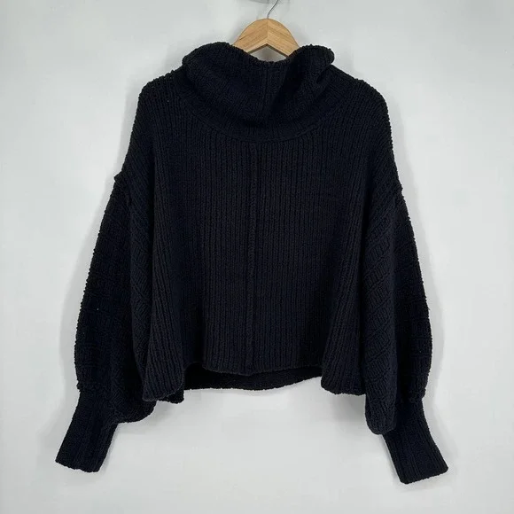 Free People Be Yours Cowl Neck Sweater Balloon Sleeve Chunky Boxy Cropped Black - Picture 6 of 14